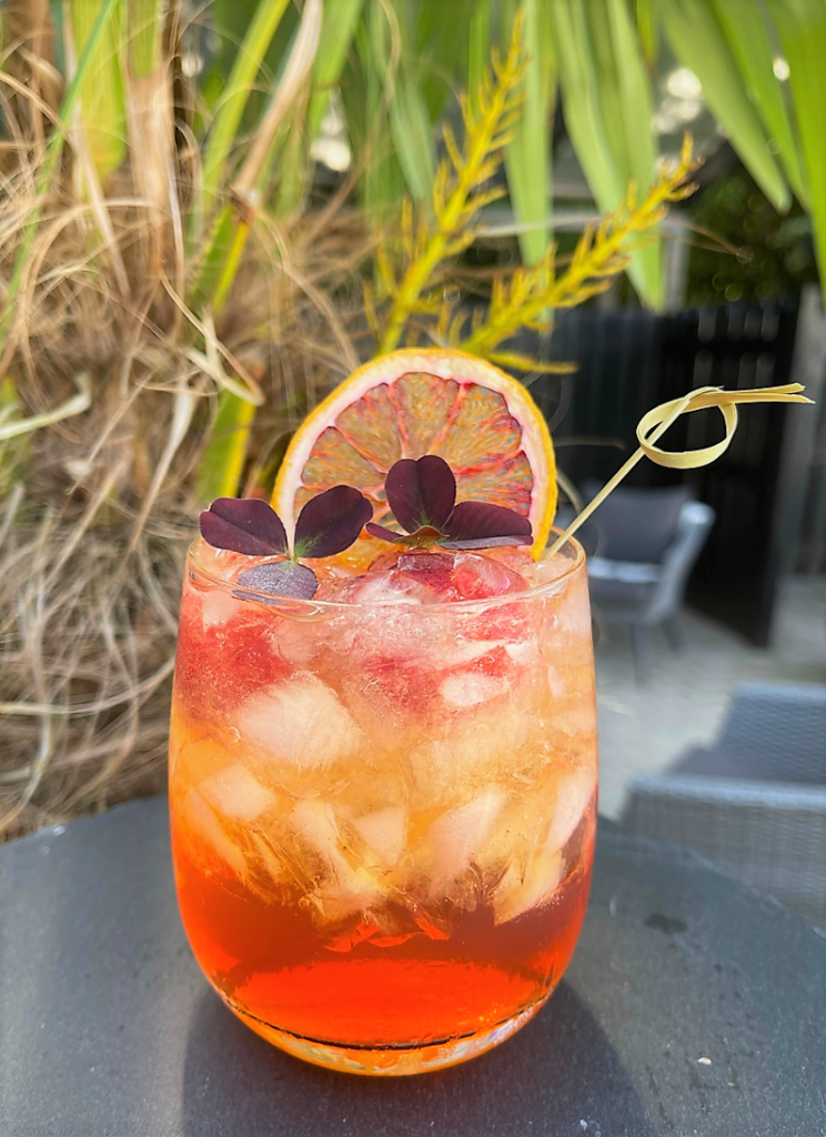 ByBillund-cocktail med BillundGin-sirup-passionsfrugt sirup-appelsinsirup-blodappelsin-cocktail med jordbær-